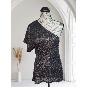 Y2K Sparkly Black One Shoulder Sequin Tunic Top - Size Medium Forever 21 Love 21